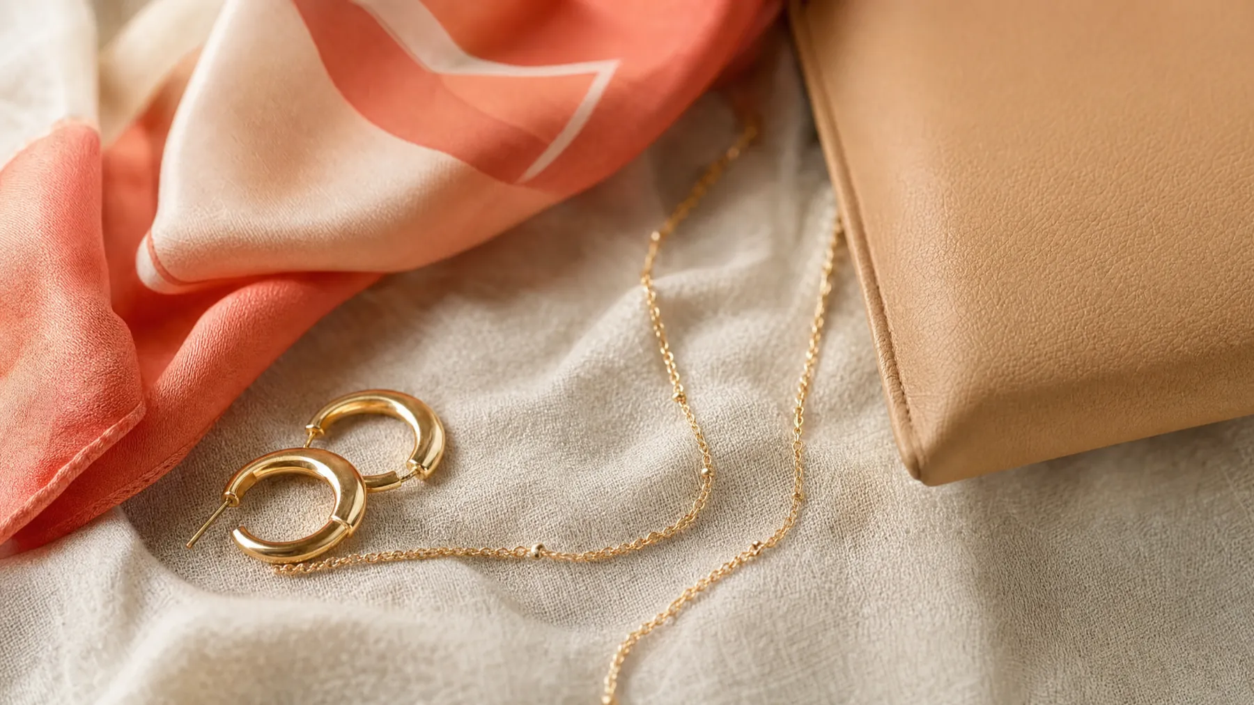 Gold hoop earrings, a fine chain necklace, a silk scarf and a tan leather clutch on cream linen