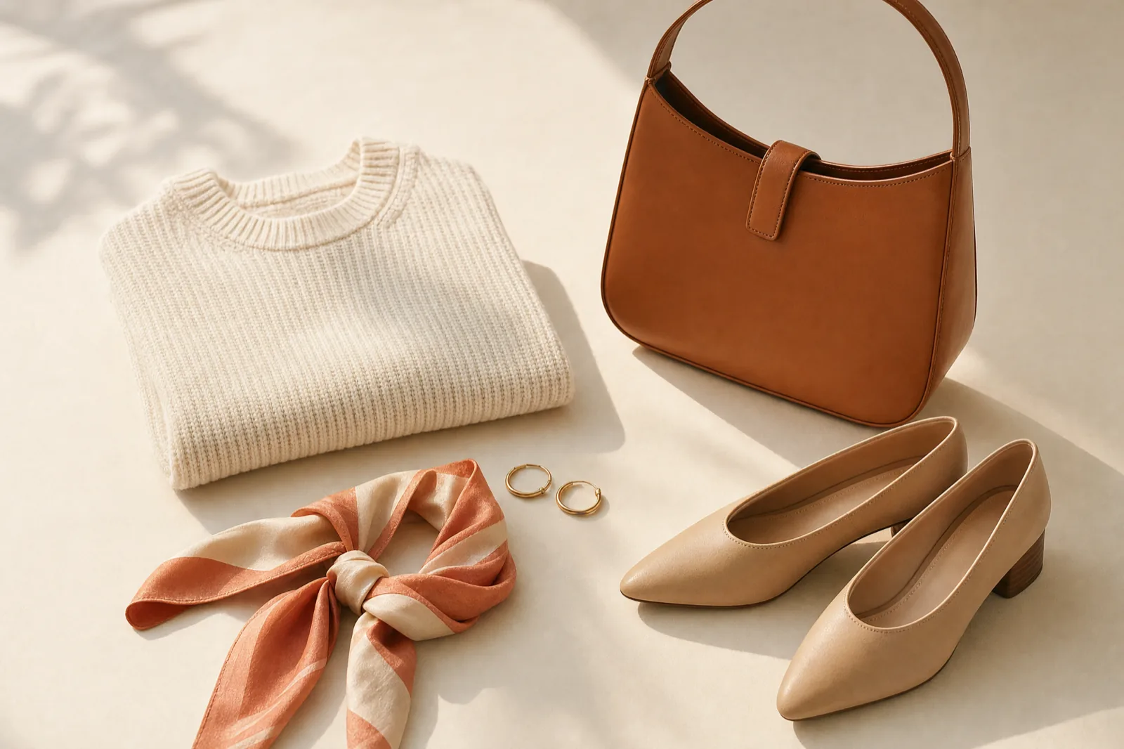 Women's clothing, handbag, shoes and accessories arranged on a warm neutral backdrop