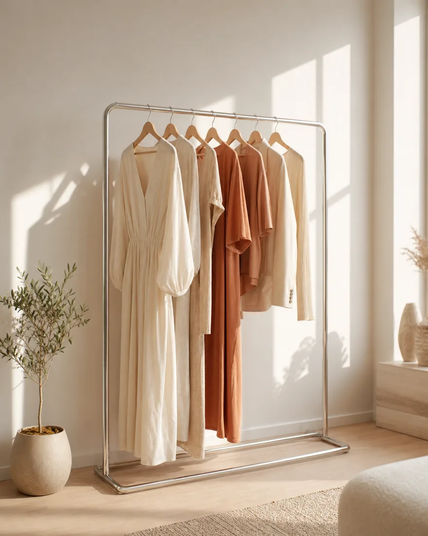 A clothing rail of neutral-toned women's garments in a bright minimal studio